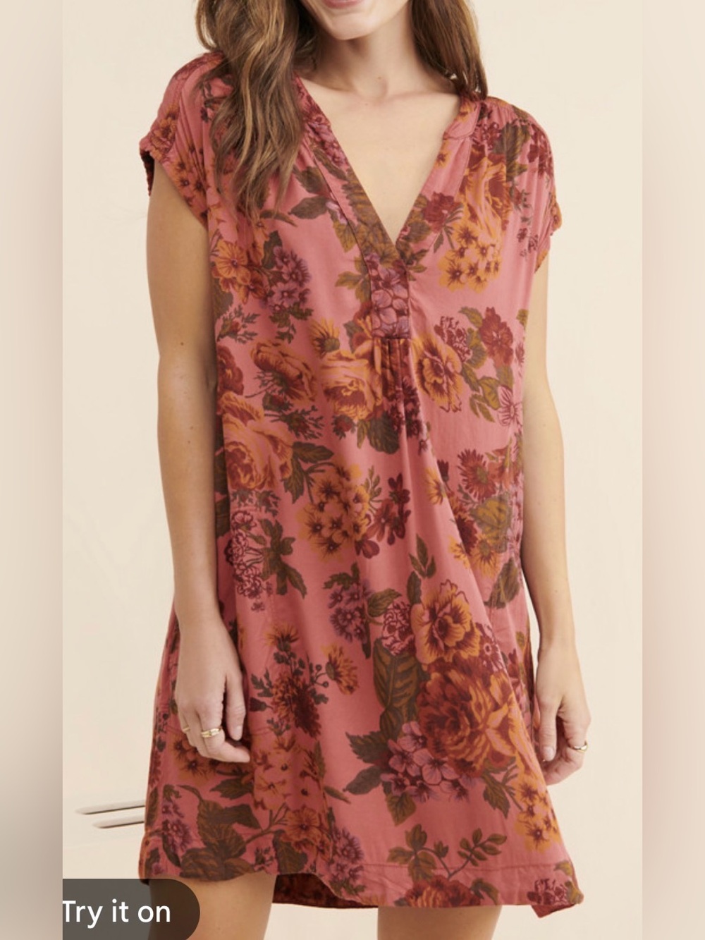 Anthropologie Kimber Tunic Dress M Pink Floral Loose Shift V-Neck Boho Cottage